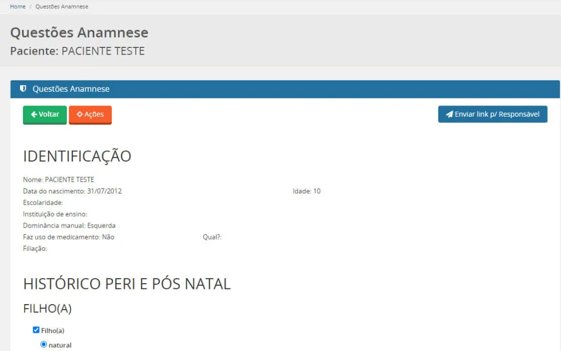 Tela de anamnese online da Pro-Amic