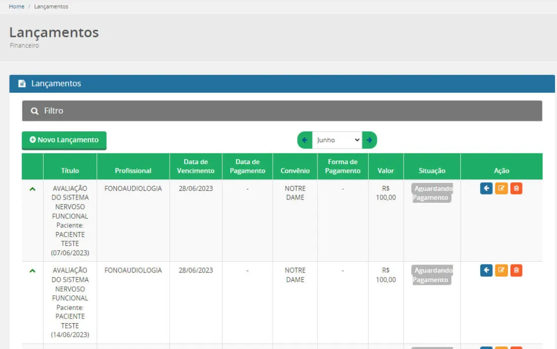 Módulo financeiro integrado à agenda na Pro-Amic