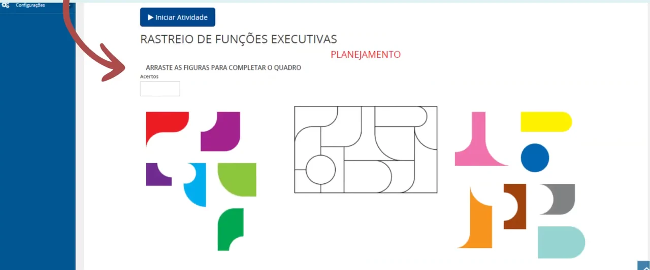 Tela de rastreio de funções executivas da Pro-Amic, com um exercício de completar o quadro